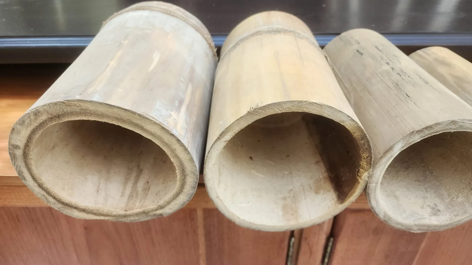 Tres cañas de bambú curado cortadas al través, con la pared y el hueco interior a la vista, apoyadas sobre madera.